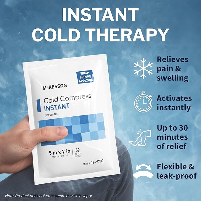 McKesson Instant Cold Packs 5" x 7" [24 Pack] - Instant Ice Packs for Injuries Disposable, Pain Relief, Swelling, Sprains - Travel Cold Compress for Sports, First Aid, Toothache