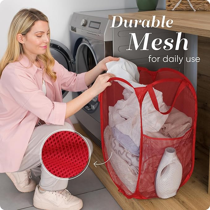Handy Laundry Collapsible Mesh Pop Up Hamper with Wide Opening and Side Pocket - Breathable, Sturdy, Foldable, and Space-Saving Design for Clothes and Storage (Red | 2-Pack)