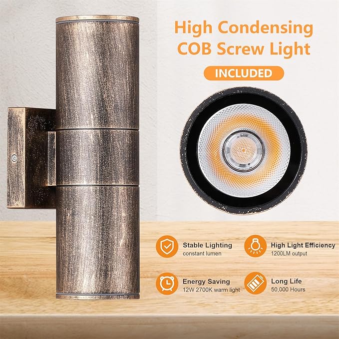 Dusk to Dawn Outdoor Lighting Sensor Wall Lights 2Pack, 12W 2700K Integrated LED Cylinder Up Down Lights Outdoor, IP65 Waterproof Aluminum Exterior Wall Sconce for Porch Patio.(Bronze)