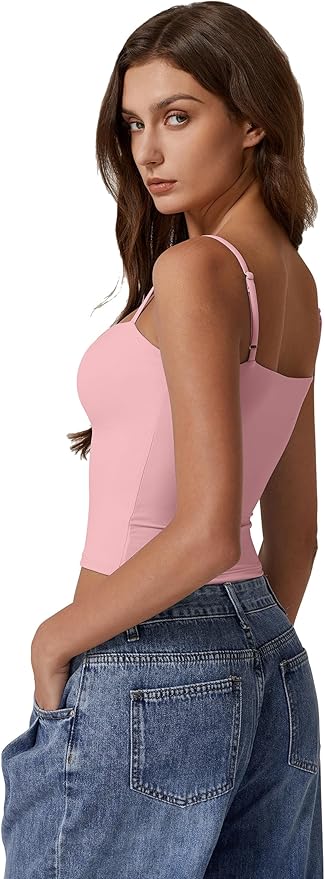 QINSEN Women's Double Lined Basic Tank Top Adjustable Spaghetti Straps Sleeveless Camisole Shirts