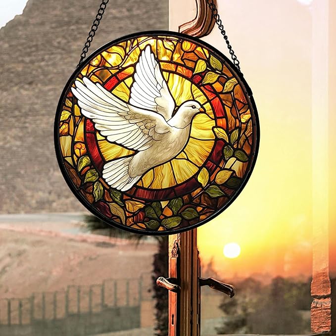 Stained Glass Window Hanging, Flying White Dove Sun Catchers Diamond Glass Panel Hangings Cute Birds Suncatcher Decor for Birthday for Women, Men, Wife, Aunt, and Mom 14.9 in