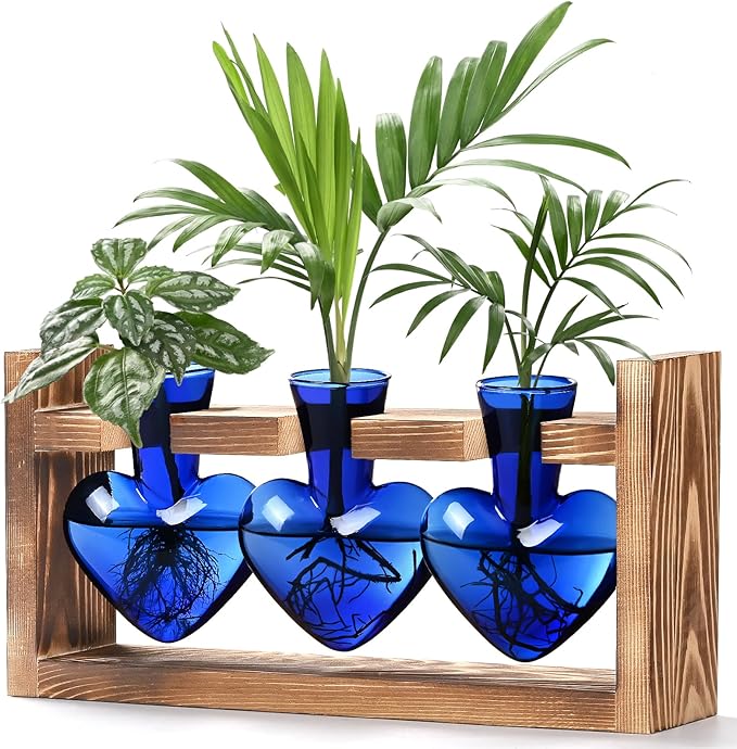 Lifecapido Heart Shaped Propagation Stations, Plant Terrarium with Wooden Stand, Plant Propagation Station for Hydroponics Plants Office Garden Home Decor, Gifts for Women Plant Lover (3 Vases, Blue)