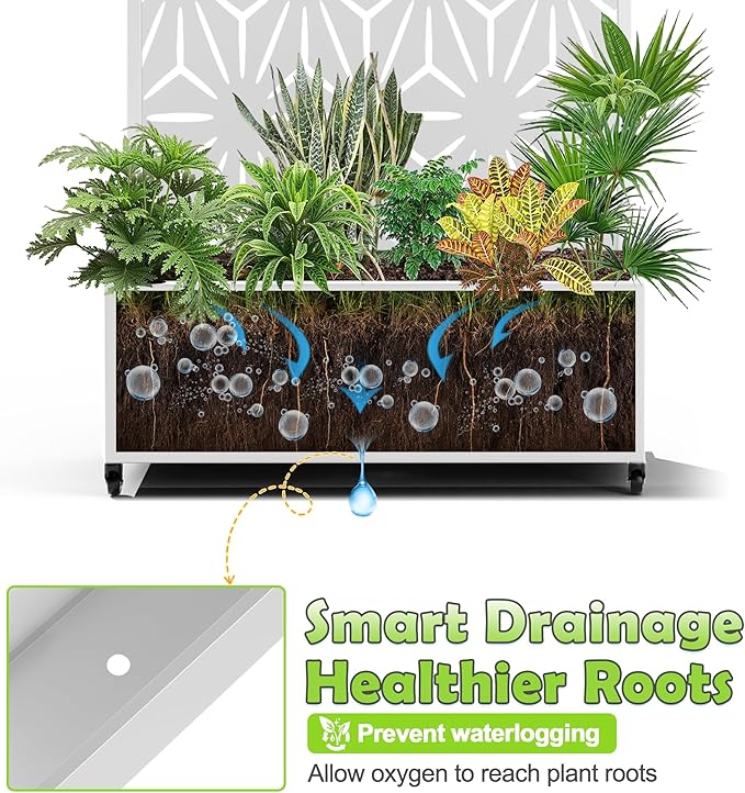 15.7"×70.9"×35.4" Metal Raised Garden Bed with Trellis and Wheels - Tall Trellis Planter Box for Climbing Plants, Vegetables & Vines - Outdoor Privacy Planters for Patio (White-Star)