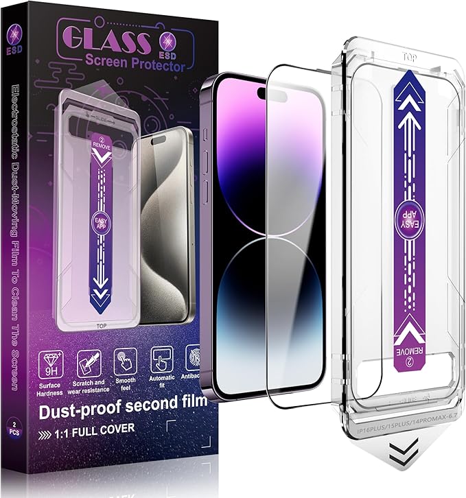 2 Pack Screen Protector Tempered Glass for iPhone 16 Plus and iPhone15 Plus and iPhone 14 Pro Max 6.7-Inch Auto Dust Removal, No Bubbles, High Definition Clear, Easy Installation