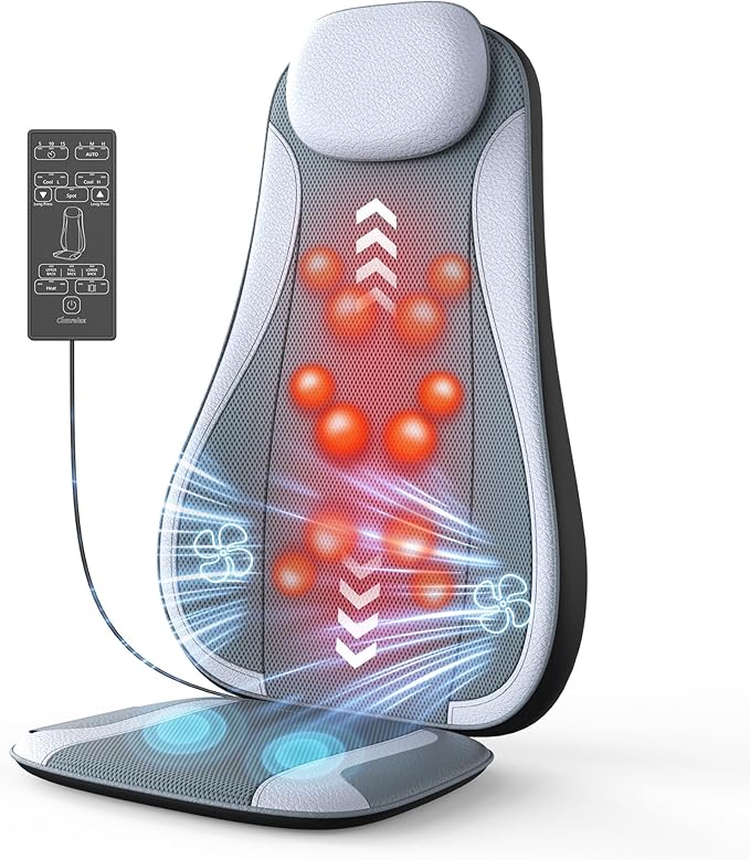 Shiatu Back Massager with Heat & Cooling, Kneading Rolling Vibration Chair Massager for Deep Tissue Pain Relief, Massage Chair Pad for Home & Office