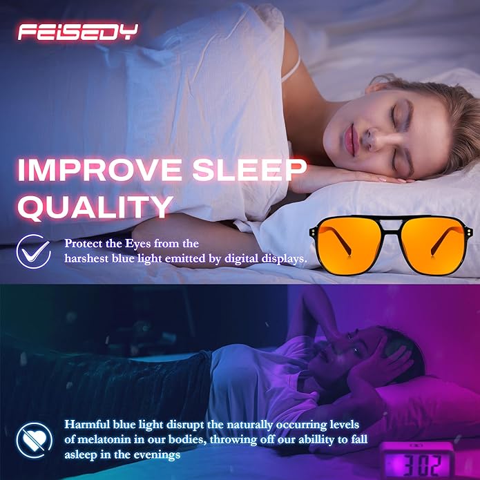 FEISEDY Amber Blue Light Glasses for Computer Gaming Anti Eyestrain Sleep Glasses G2835