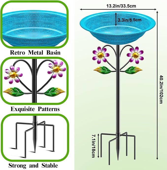 Metal Bird Bath for Outside Garden Birdbath Bowl, Freestanding Bird Feeders for Outdoors with 5 Prongs Base Stake, Standing Birdfeeders Bath Bowl for Yard Decor (Retro Blue)