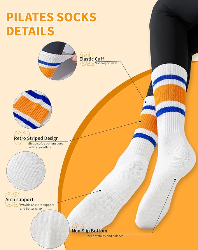 Yawlsow 3 Pairs Pilates Grip Socks for Women Yoga Grippy Striped Retro Crew Socks Non Slip Sticky Barre Sock with Grippers