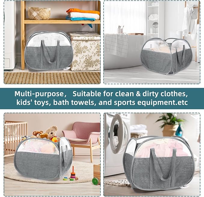 2 Pack Collapsible Laundry Baskets, 90L Large Foldable Laundry Basket, Pop Up Hampers for Laundry, Dirty Clothes Laundry Hamper for Bedroom, Bathroom, Dorm, Laundry Room, Travel or Camping Grey