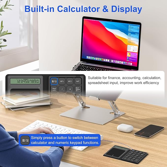Bluetooth Number Pad Touchpad with Calculator - Rechargeable Folding Portable Wireless Numeric Keypad 23-Keys, Large Trackpad Bluetooth Travel Numpad Data Entry & Calculation & Trackpad Mouse 3 in 1
