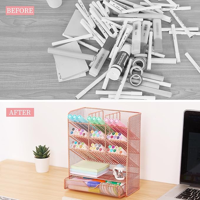 Spacrea Pen Holder Desk Organizer - Desk Organizers and Accessories, Pencil Holder with 10 Compartments and 1 Drawer（Rose Gold）