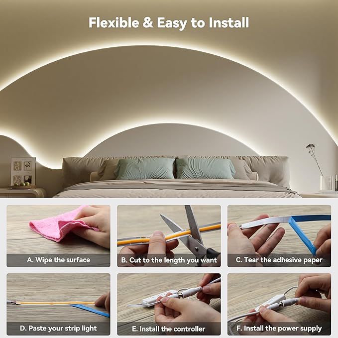PAUTIX COB LED Strip Light 16.4ft,Engineering Level UL Listed Natural White 4000K,CRI93+ Super Bright High Lumen,Dimmable 24V Flexible LED Tape Light with RF Remote,for Home&Office Decor DIY Lighting
