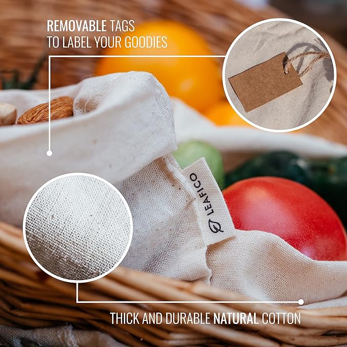 LEAFICO Multipurpose Eco Cloth Bags - Large 10x12 Inch (12 Pack) - Cotton Produce Storage Sacks - Muslin Drawstring Pouches for Vegetables - Bread Bags - Linen Fabric Sachets