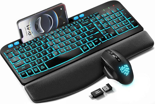 SABLUTE Wireless Keyboard and Mouse Combo - Ergonomic Wave Keyboard with Soft Leather Wrist Rest, Phone Holder, Rechargeable, RGB Backlit Mouse, Full-Size Set for Windows/Mac/Computer (Black Blue)