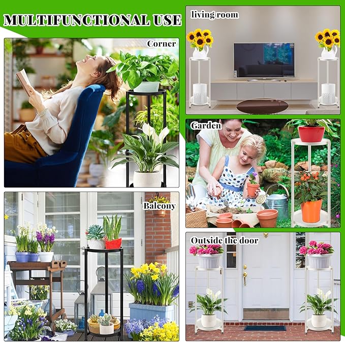 2 Tier Plant Stand Indoor Tall, White Corner Tiered Round Plant Stand for Indoor Multiple Plants, Metal Flower Pot Stands Outdoor Holders Plant Shelf Display Rack for Balcony Living Room