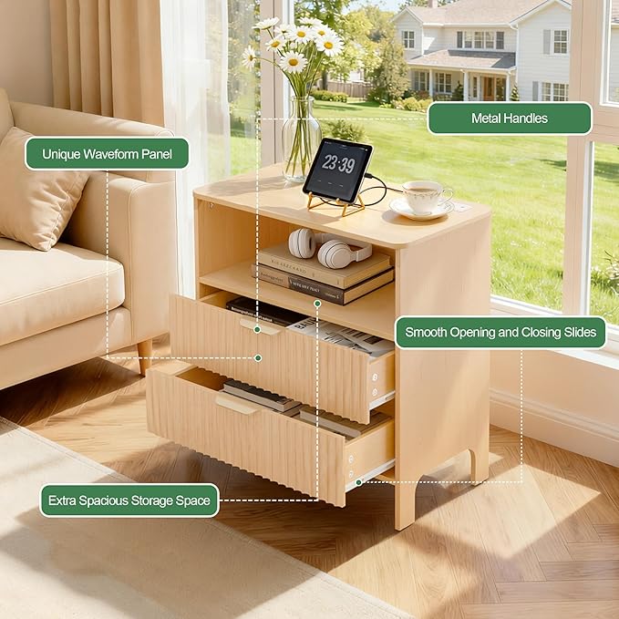 Fluted Nightstand with Charging Station, Wood Night Stand with 2 Large Drawers and Storage Shelf, Natural Bed Side Tables Bedroom, Mid Century Modern Nightstand for Bedroom/Living Room