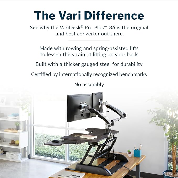 Vari Varidesk Pro Plus 36 Standing Desk Converter for Home Office – 11 Height Settings + Spring-Loader Lift, 2 Tier Design with Keyboard Tray, Fits Tables 26.5" Deep – Fully Assembled (Espresso)