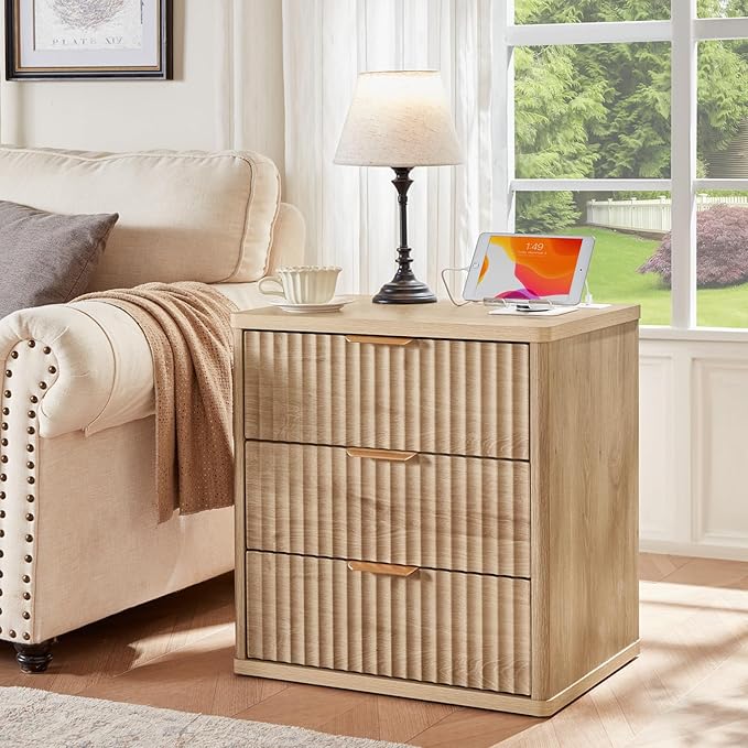 LEYAOYAO Fluted Farmhouse Nightstand Set of 2 with Charging Station, 23" Wide 2 & 3 Drawers Large End Table with Metal Handle, Natural Night Stand Bedside Table, Wood Dresser for Bedroom,Closet
