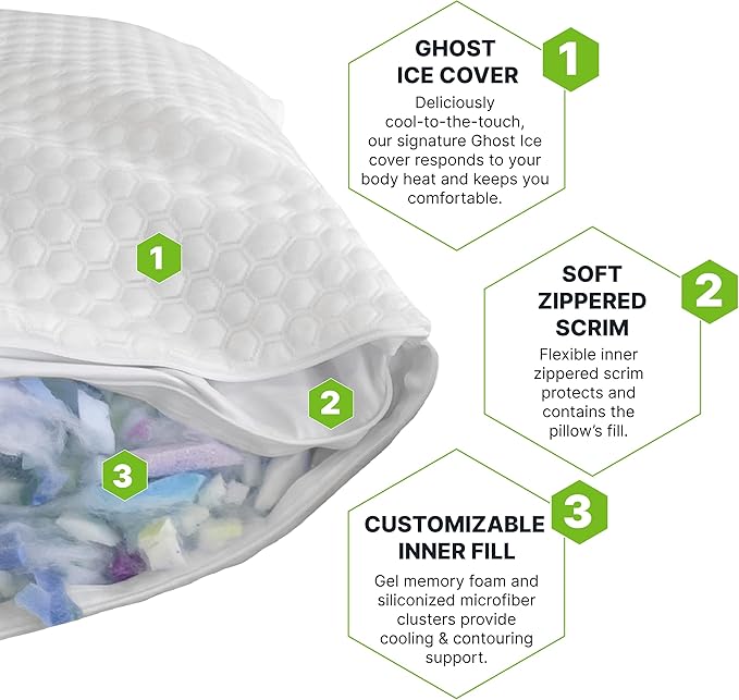 GhostBed Shredded Memory Foam Pillow with Adjustable Gel Memory Foam and Cooling Breathable Cover - King Size Shredded Memory Foam Pillows CertiPUR-US Certified 2-Pack
