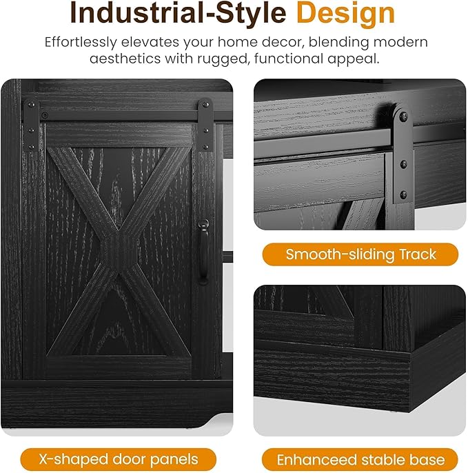 RoyalCraft Farmhouse TV Stand for 65+ Inch TV, Tall Entertainment Center with Storage Cabinets and Sliding Barn Doors, Mid Century Modern Media TV Console Table for Living Room (Black)