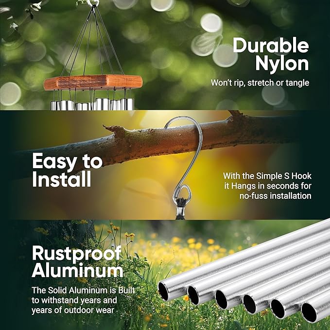 Nature’s Melody Premiere Grande Tunes Wind Chimes – Outdoor Windchime with 6 Tubes Tuned to E Pentatonic Scale, Rustproof Aluminum, Beech Wood & S Hook Hanger for Sympathy, Memorial Gift or Zen Garden