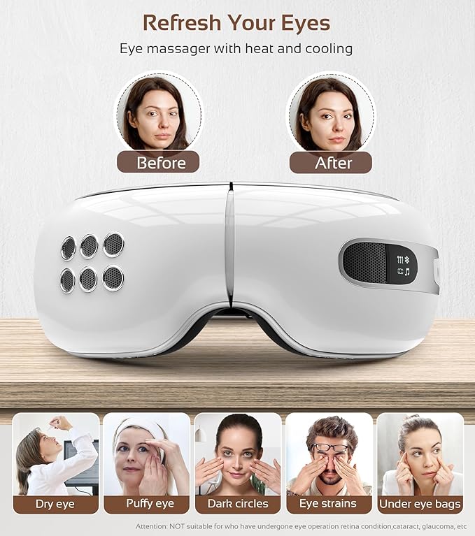Eye Massager with Heat and Cooling for Migraine Dry Eyes Relief, Rechargeable Bluetooth Music Migraines Relief Eye Massager Improve Sleeping Gifts for Women Men