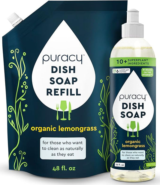 Puracy Natural Dish Soap Refill - Skin-Softening Plant-Based Liquid Dishwashing Detergent Soap, Clean-Rinsing Water-Sheeting Formula (Organic Lemongrass, 16+48 fl oz)