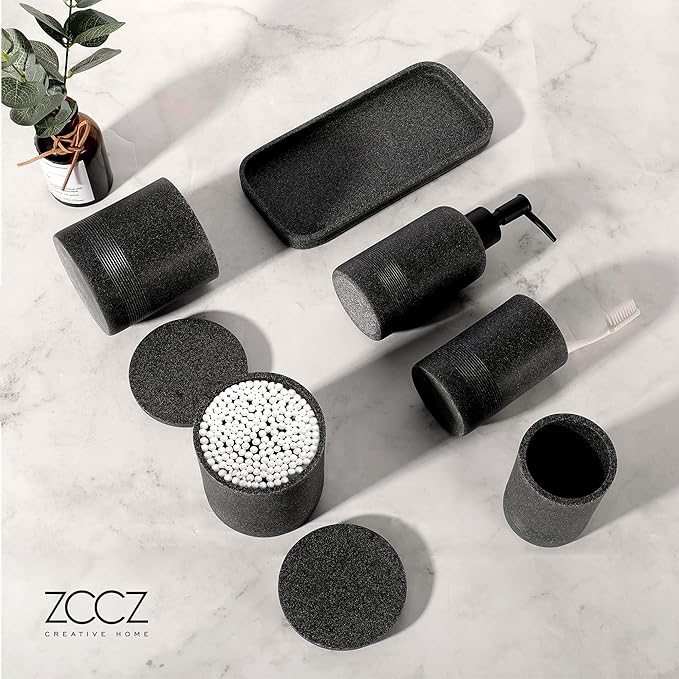 ZCCZ Black Stone Bathroom Accessories Set 6 Pieces - Toothbrush Holder, Lotion Dispenser, Qtip Container, Vanity Tray, Tumbler - Countertop Organizer for Bathrooms - Elegant and Functional Décor Set