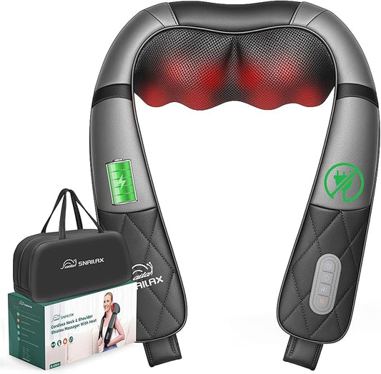 Snailax Rechargeable Neck Massager with Heat, Shiatsu Back and Neck Massager, Cordless Portable Deep Kneading Shoulder Massage Pillow, Gifts for Dad Mom