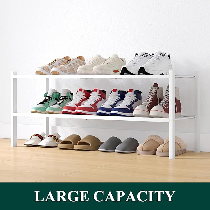 Smiry Shoe Rack, 3 Tier Long Bamboo Shoe Organizer, Stackable Free Standing Wooden Shoe Storage Shelf for Closet, Entryway, Front Door Entrance, White