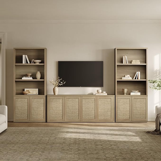 SICOTAS Rattan TV Stand for 65 70 inch TV - Large Entertainment Center TV Consoles for Living Room Bedroom, Farmhouse Television Stands with Storage Cabinet Boho Modular Media Console, Amber Oak