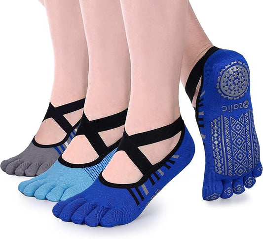 Ozaiic Yoga Socks for Women with Grips, Non-Slip Five Toe Socks for Pilates, Barre, Ballet, Fitness