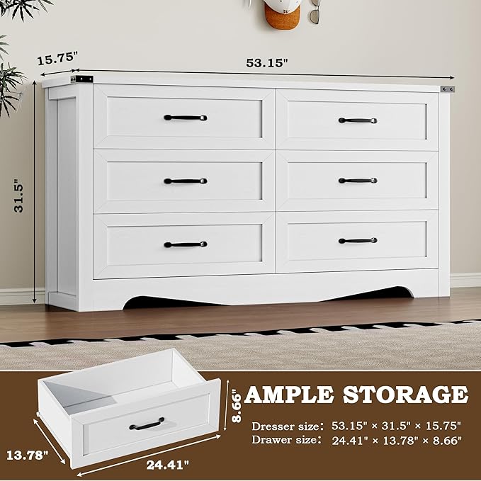 6-Drawer Dresser for Bedroom, Modern Wooden Chest of Drawers with Metal Handles, Anti-Tipping Design, Sturdy and Stable Storage Organizer for Living Room, Entryway, Home Office
