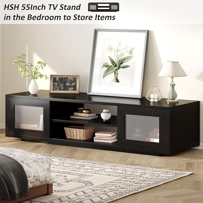 HSH Black TV Stand 55 Inch，Entertainment Center for Bedroom and Under TVs Cabinet with Storage,Modern TV Console with Sliding Doors for 60" TVs,Media Console for Living Room
