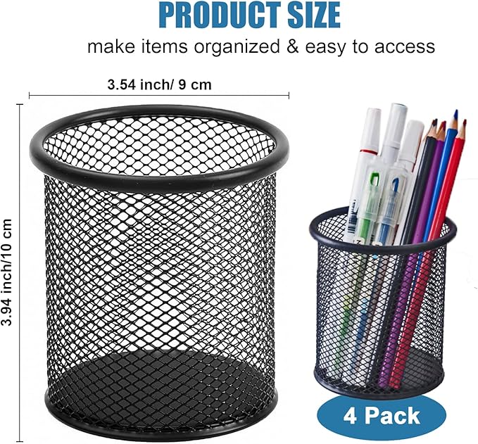 Marte Vanci Mesh Pencil Holder Pen Holder for Desk Metal Pencil Cup Holder Desktop Pencil Marker Brush Organizer for Home Office Black 4 Packs
