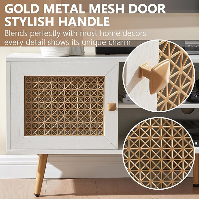 JYED Mid Century Modern TV Stand with Metal Mesh Doors and Open Shelf for 65" TVs,Antique White Media Console Wood Entertainment Center with Cable Holes for Living Room.59.06"x15.55"x20.87"