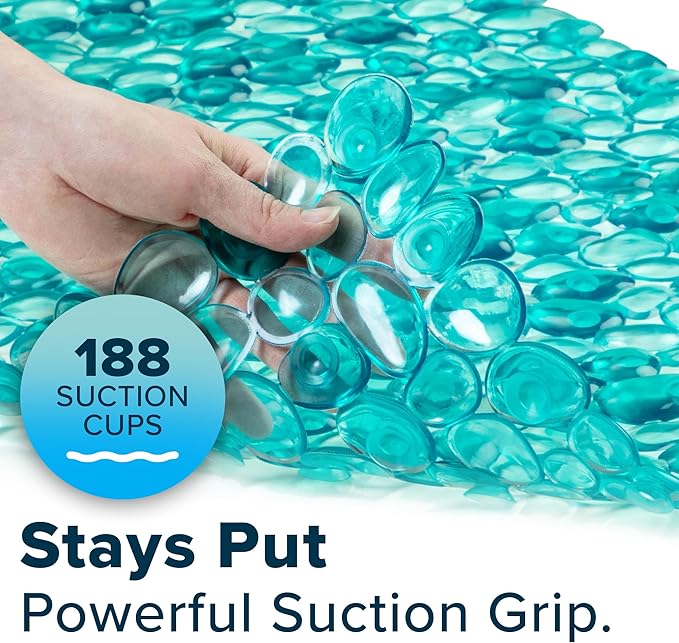 SlipX Solutions Non-Slip Pebble Bath Mat for Shower & Bathtub 38x17 | River Rock Look | Accupressure | Massage Bath Mats for Tub | 188 Suction Cups | Machine Washable, Aqua Pebbles