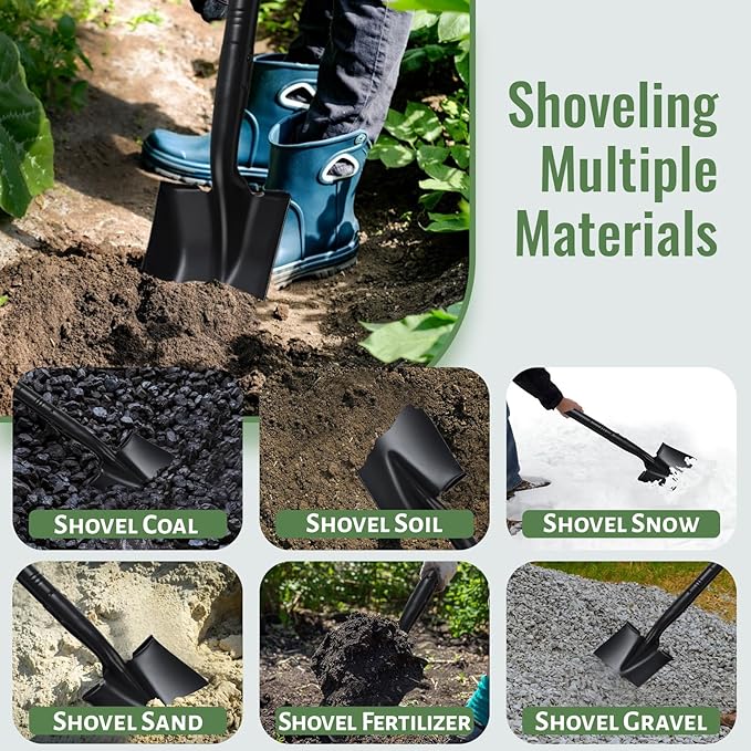 Small Square Shovels for Digging, Garden Spade Shovel Beach Shovels with 43.3in Handle,Heavy Duty Portable Metal Shovel for Gardening Camping Trenching Digging Landscaping,Off-Road,Black