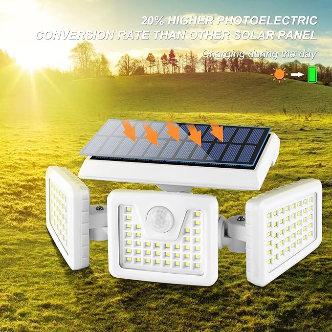 INCX Solar Motion Sensor Lights Outdoor, 3 Heads Security Lights Solar Powered, 156 LED Flood Light Motion Detected Spotlight for Garage Yard Entryways Patio, IP65 Waterproof, White, 1 Pack