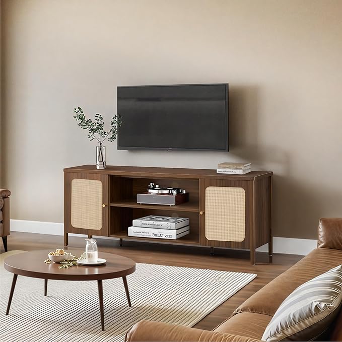 Rattan TV Stand for TVs up to 75'' Boho Entertainment Center with Adjustable Shelf Television Stand with 2 Storage Cabinets Media Console Wooden TV Cabinet for Living Room Bedroom,Walnut