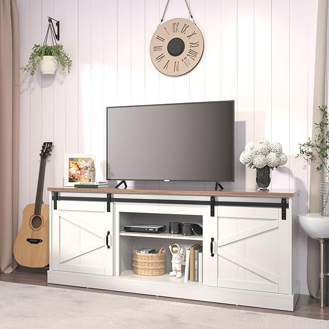 Kurapika Farmhouse TV Stand and Entertainment Center for TV Up to 75 Inch, with Adjustable Shelf and Sliding Barn Doors, Media Furniture with Storage Cabinet and Console Table, 67 Inch, White