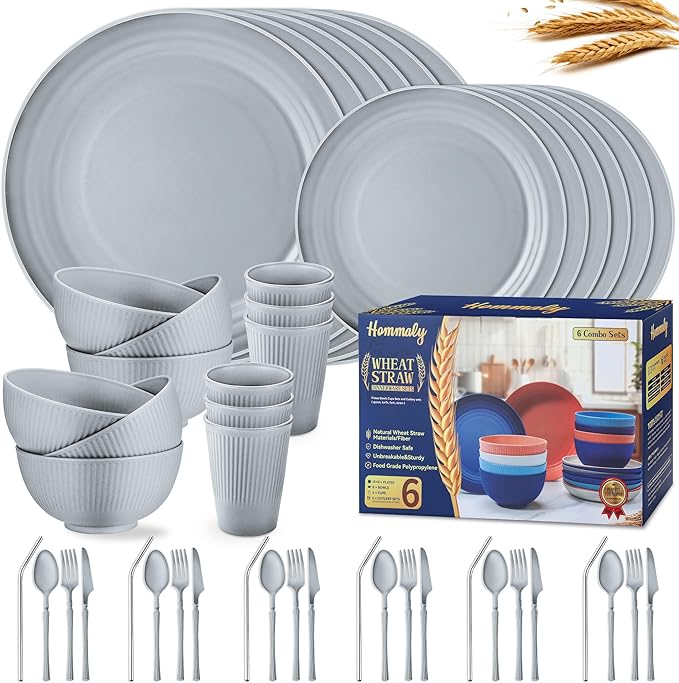 Wheat Straw Dinnerware Sets,48-Piece Plates and Bowls Sets for 6-Unbreakable,Reusable Plastic Dish Set-Dinner Plate/Dessert Plate/Cereal Bowl/Cup/Utensils-Microwavable Dishwasher Safe 48P-Gray