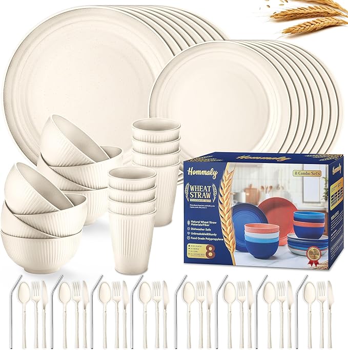 Wheat Straw Dinnerware Sets,64-Piece Beige Plates and Bowls Sets for 8-Unbreakable,Reusable Plastic Dish Set-Dinner Plate/Dessert Plate/Cereal Bowl/Cup/Utensils-Microwavable Dishwasher Safe 64P-Beige