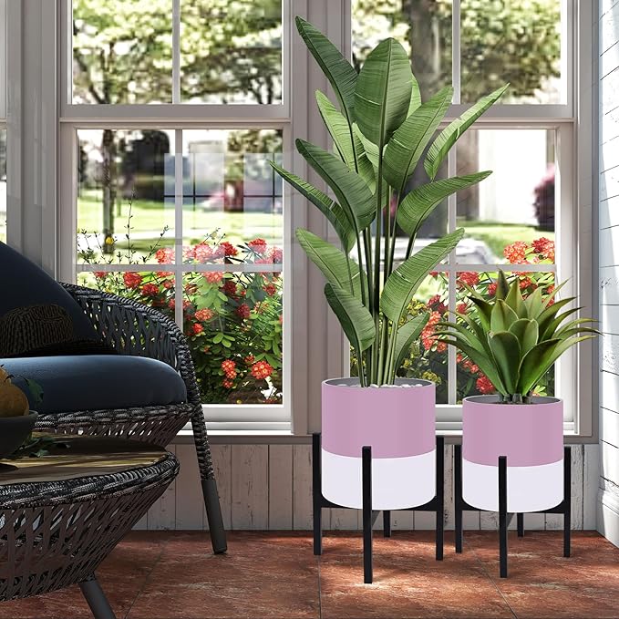 Planter with Stand Set of 2, Modern Plant Pots with Metal Legs Indoor,Flower Pots with Drainage Holes Matching Decorative Garden Pot for Living Room, Office, Garden, or Balcony 10 & 12 Inches