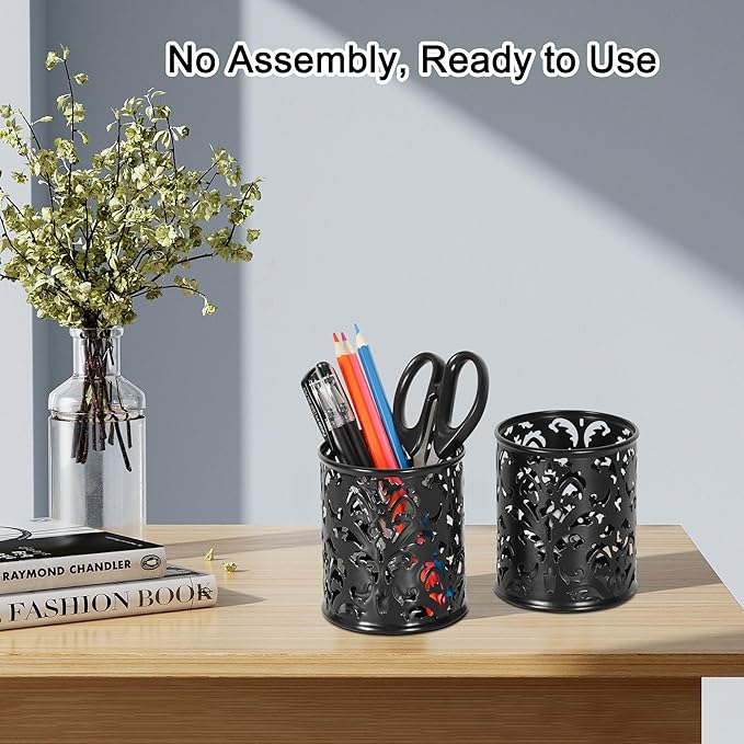 EasyPAG Black Pen Holder for Desk 2 Pack Metal Pen Holder Organizer Pencil Cup Holder for Home, Office, Classroom, School