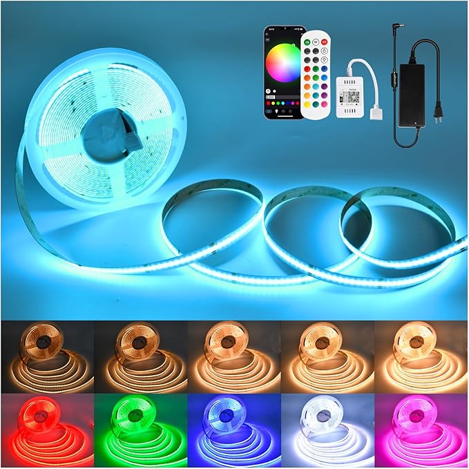INDARUN RGBW COB Led Light Strip 32.8FT/10M, 6720LEDs, 12mm Flexible Led Tape Light, 24V/8A, 3000K/5000K Dimmable, 50Lumen/W, Bright Smart Led Strip Lights for TV, Bedroom Decor