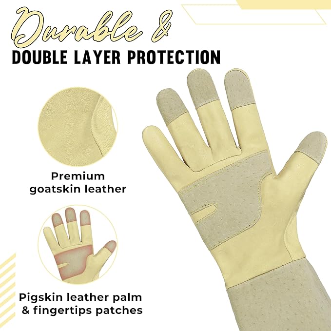 HANDLANDY Rose Pruning Gardening Gloves for Men Women, Thorn Proof Forearm Protection Leather Garden Gloves, Gardening Gifts for Gardeners (Beige- goatskin, Small (Pack of 1))