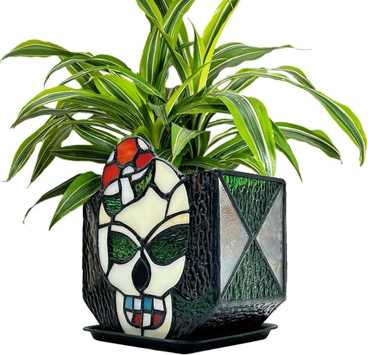 Tiffany Stained Glass Skull Planter,Planters for Indoor Plants,Skull Flower Pot,Candy Bowl,Halloween Planter Decorations 4.6x3x5.15 in