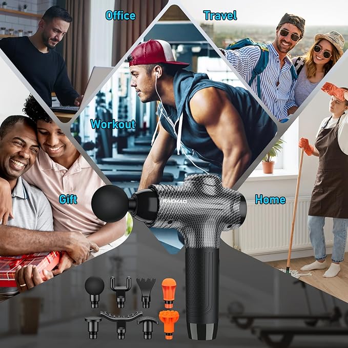 RAEMAO Massage Gun, Massage Gun Deep Tissue, Back Massage Gun for Athletes for Pain Relief Attaching 10 PCS Replacement Heads, Percussion Massager with 10 Speeds & LED Screen, Carbon