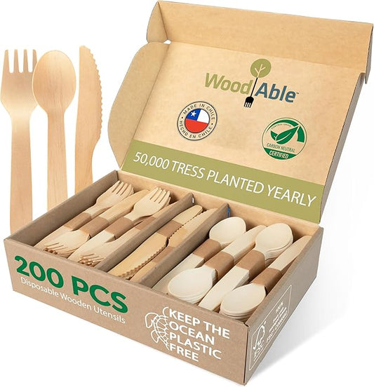 Disposable Wooden Cutlery Set - 100% Home Compostable - 200 Mix (80 Forks, 80 Spoons and 40 Knives) 6.5", Bamboo Utensils Alternative, Eco-Friendly, Organic, Sustainable and Carbon Neutral Certified